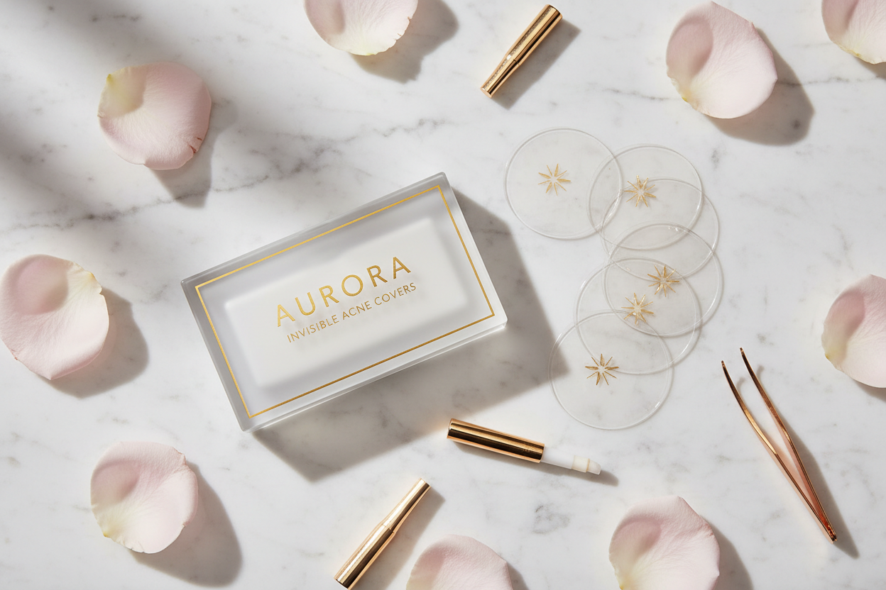 Elegant luxury flat lay of invisible pimple patches on white marble with rose petals