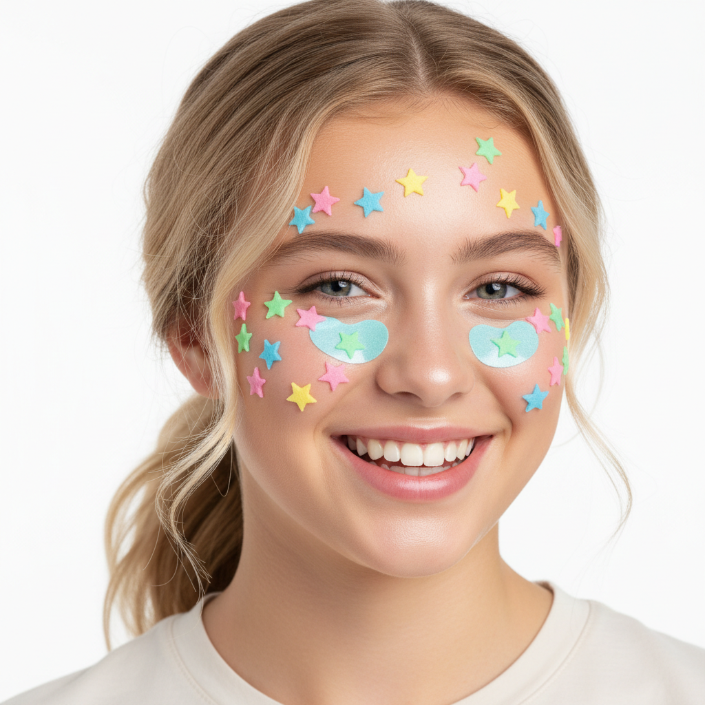 Smiling teenage girl with colorful star shaped pimple patches