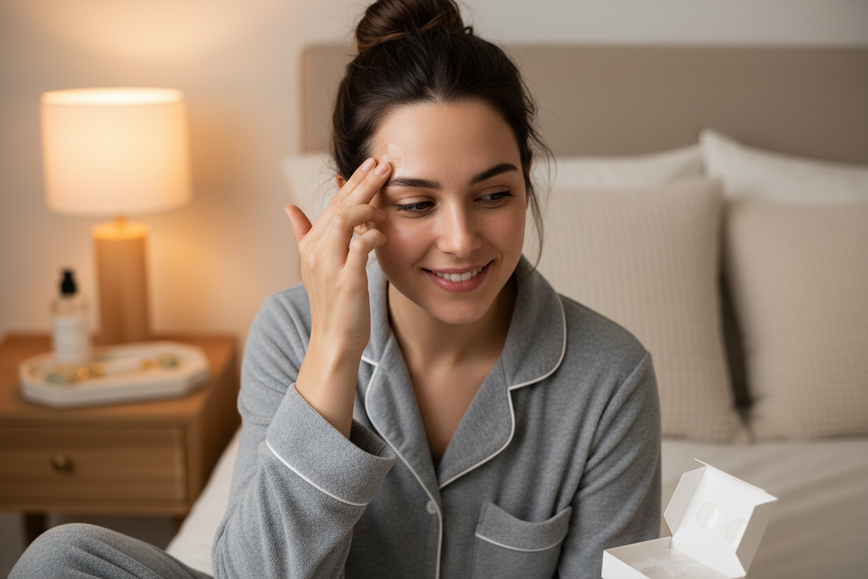 Woman applying invisible pimple patch as part of night skincare routine