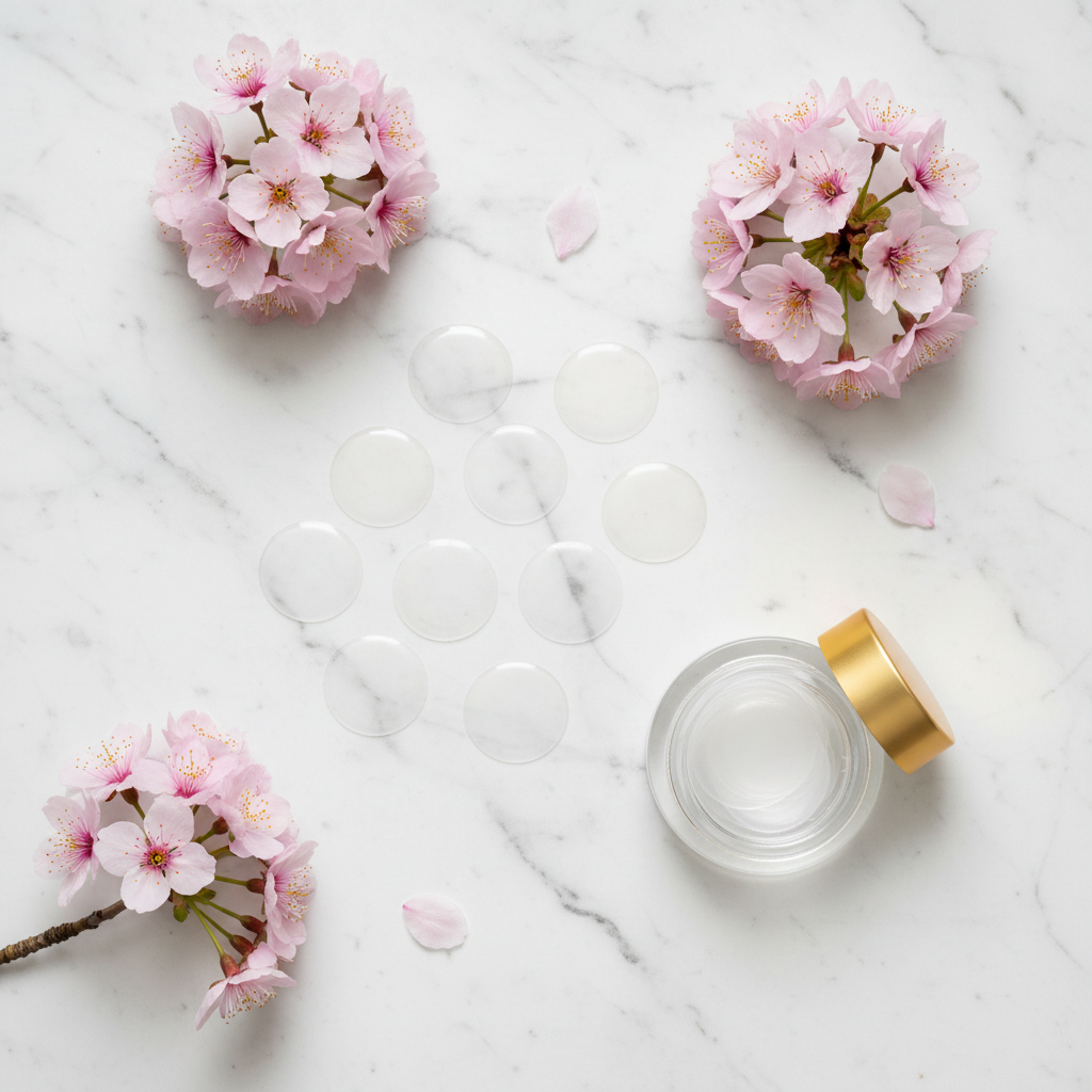Hydrocolloid pimple patches flat lay on white marble with pink flowers