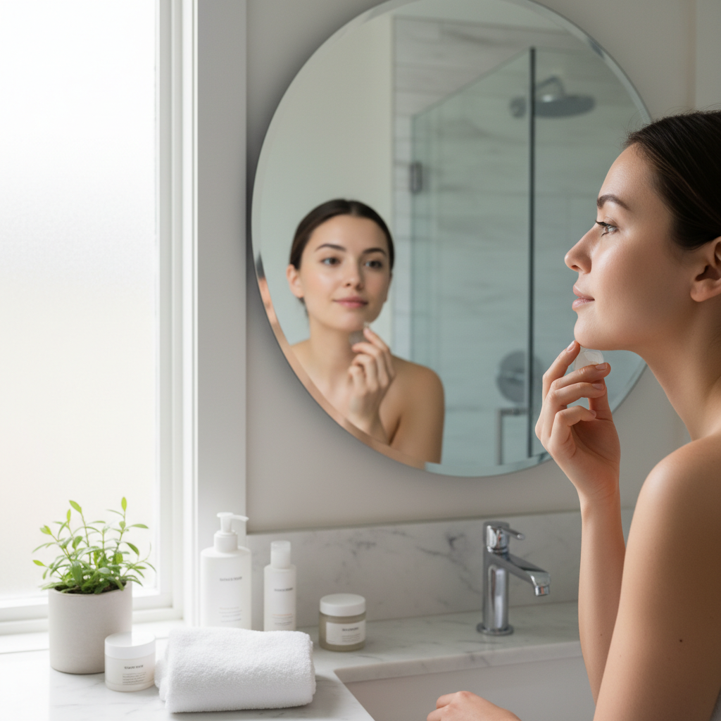 Young woman applying pimple patch in mirror