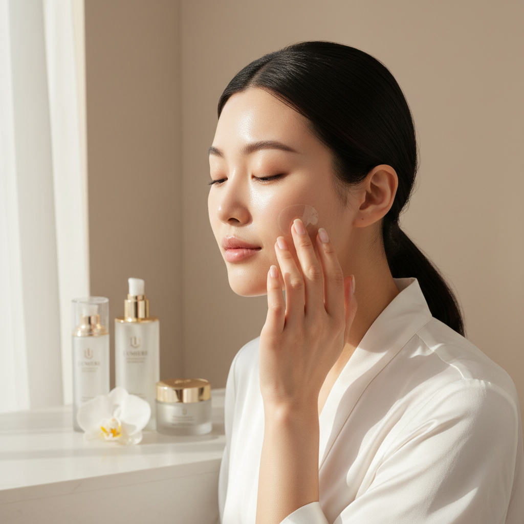 Young woman applying invisible pimple patch on her face