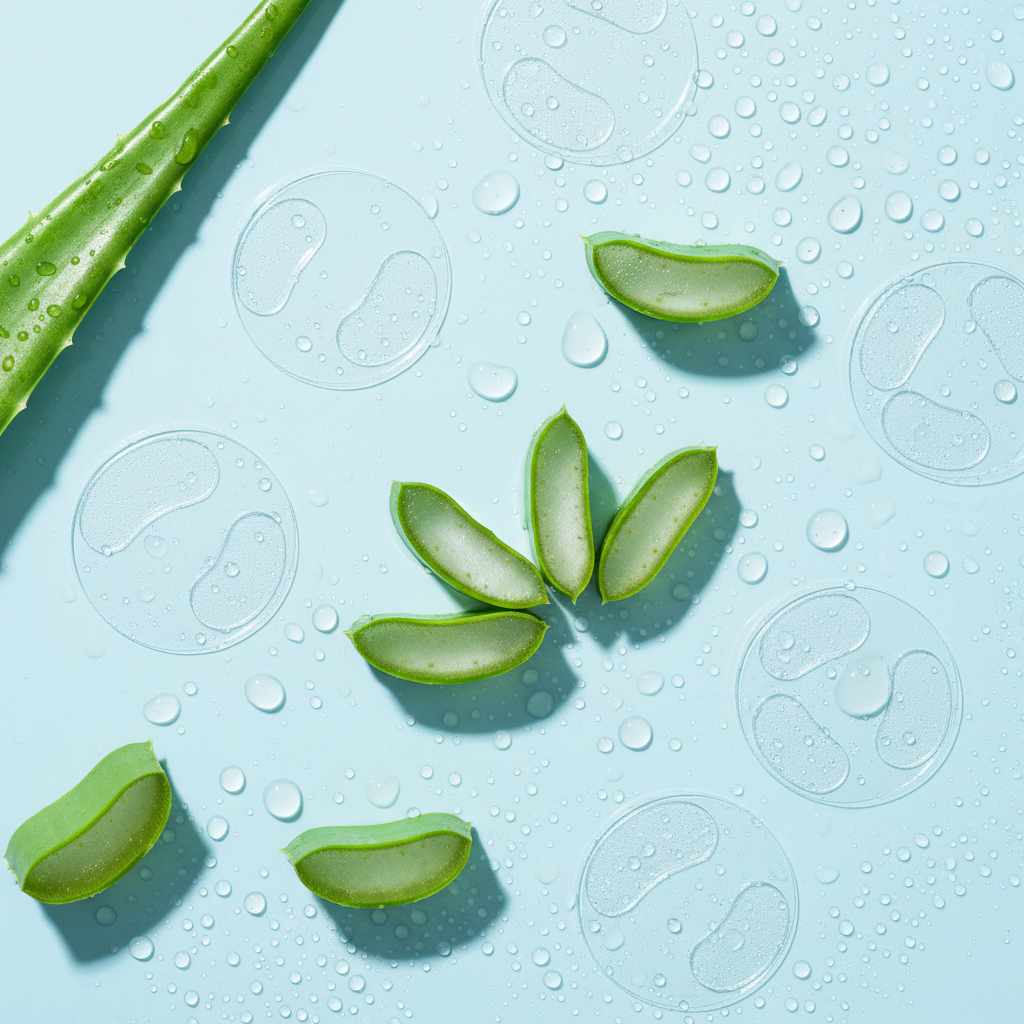 Pimple patches with aloe vera on blue background