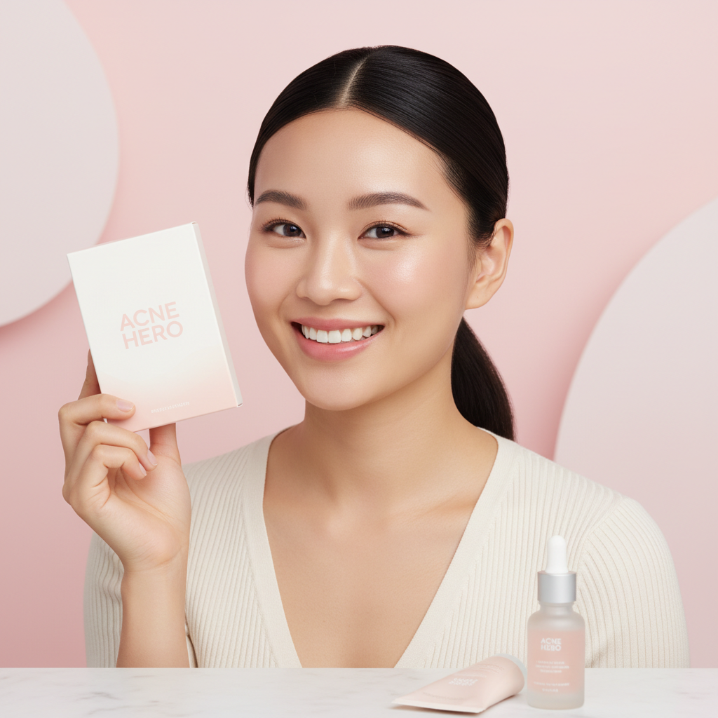Asian woman holding pimple patch packaging and smiling