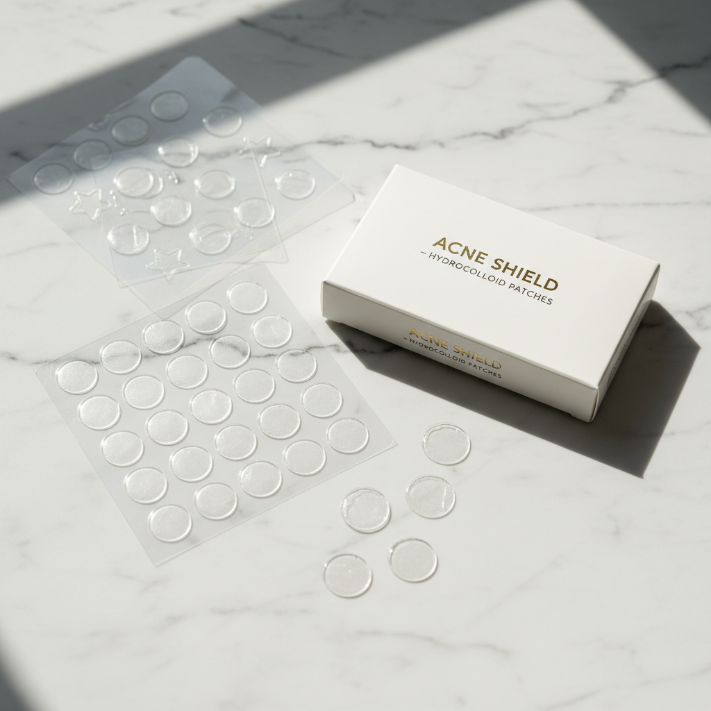Invisible pimple patches flat lay product photo