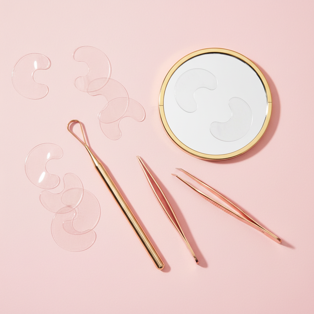 Pimple patches flat lay on pink background with skincare tools
